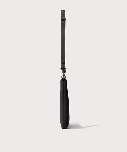 16 inch laptop shoulder bag in a black seen from the side view.