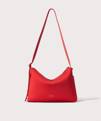 Shoulder bag in a fiery, saturated red leaning toward orange seen from the front view.
