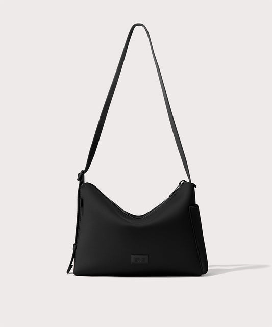 Shoulder bag in a black seen from the front view.