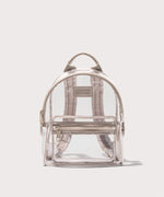 Clear backpack with beige straps and a logo, and a front pocket, on a white background.Stadium compliant.