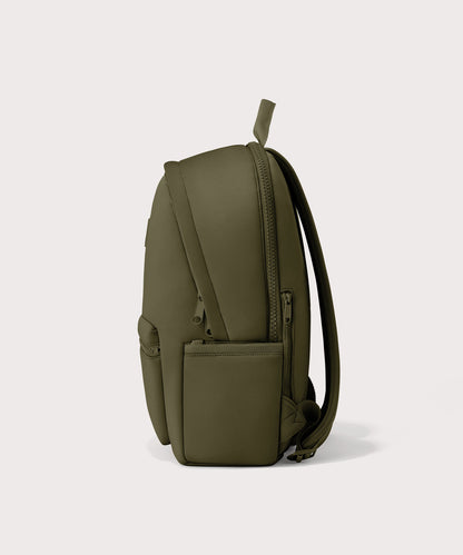 Dagne Dover large Dakota Neoprene Backpack in dark moss seen from the side.