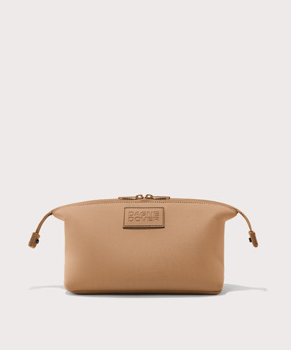 Dagne Dover Large Hunter Toiletry Bag in camel brown with sides unclipped.