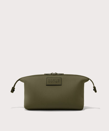 Dagne Dover Large Hunter Toiletry Bag in dark moss with sides unclipped.