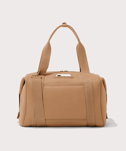 Large Landon Carryall in brown camel, displaying an exterior phone pocket