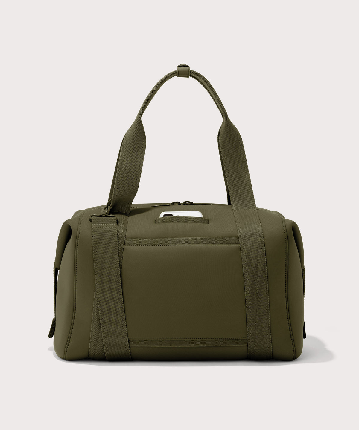 Large Landon Carryall in dark green, displaying an exterior phone pocket