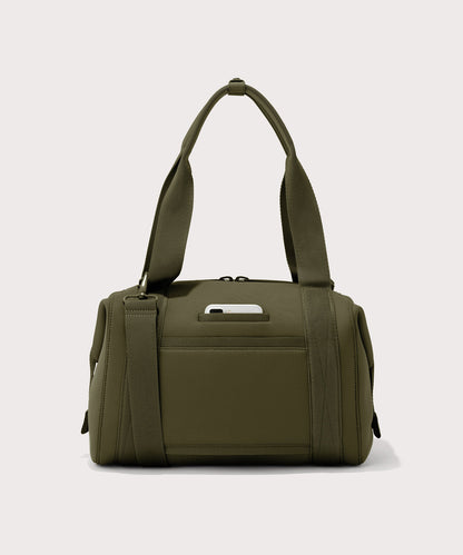 Large Landon Carryall in dark green, displaying an exterior phone pocket