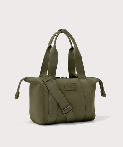 small Landon Carryall in dark green with zippers unbuckled