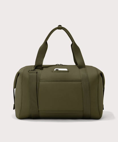 extra large Landon Carryall in dark green, displaying an exterior phone pocket