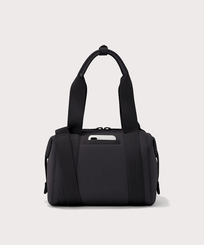 small Landon Carryall in black, displaying an exterior phone pocket