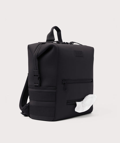 Dagne Dover Large Indi Diaper Backpack in onyx showing the zipper opening for easy access wipes.