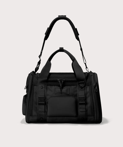 Dagne Dover small Kyoto Pet Carrier in black seen from the front with crossbody strap.