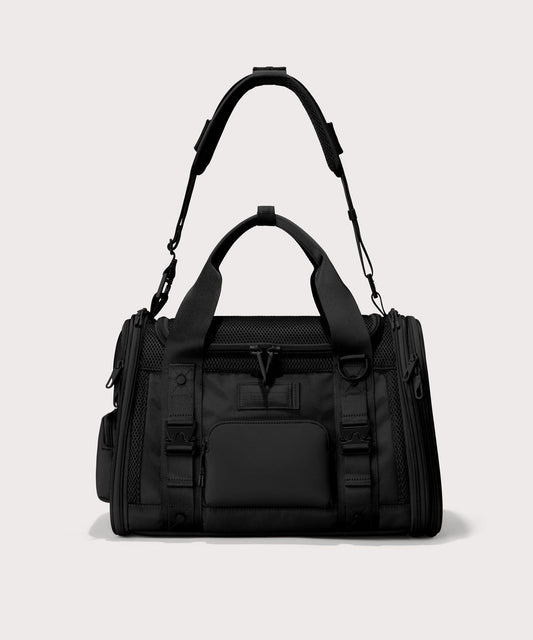 Dagne Dover small Kyoto Pet Carrier in black seen from the front with crossbody strap.