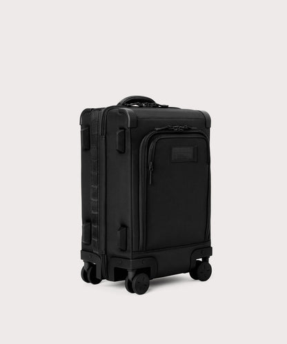 3/4 front view of Seattle carry-on rolling luggage 20.5” in onyx showing side luggage feet